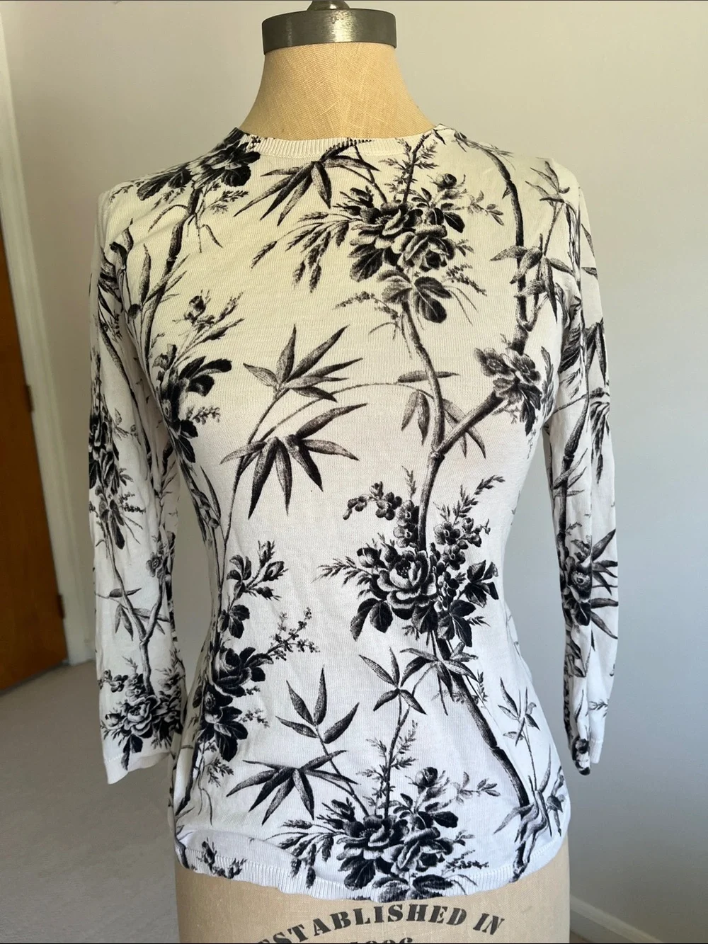 LOFT Black & White Floral Crewneck Sweater